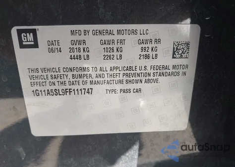 2015 Chevrolet Malibu 1Fl z USA, uszkodzony, nr VIN 1G11A5SL9FF111747